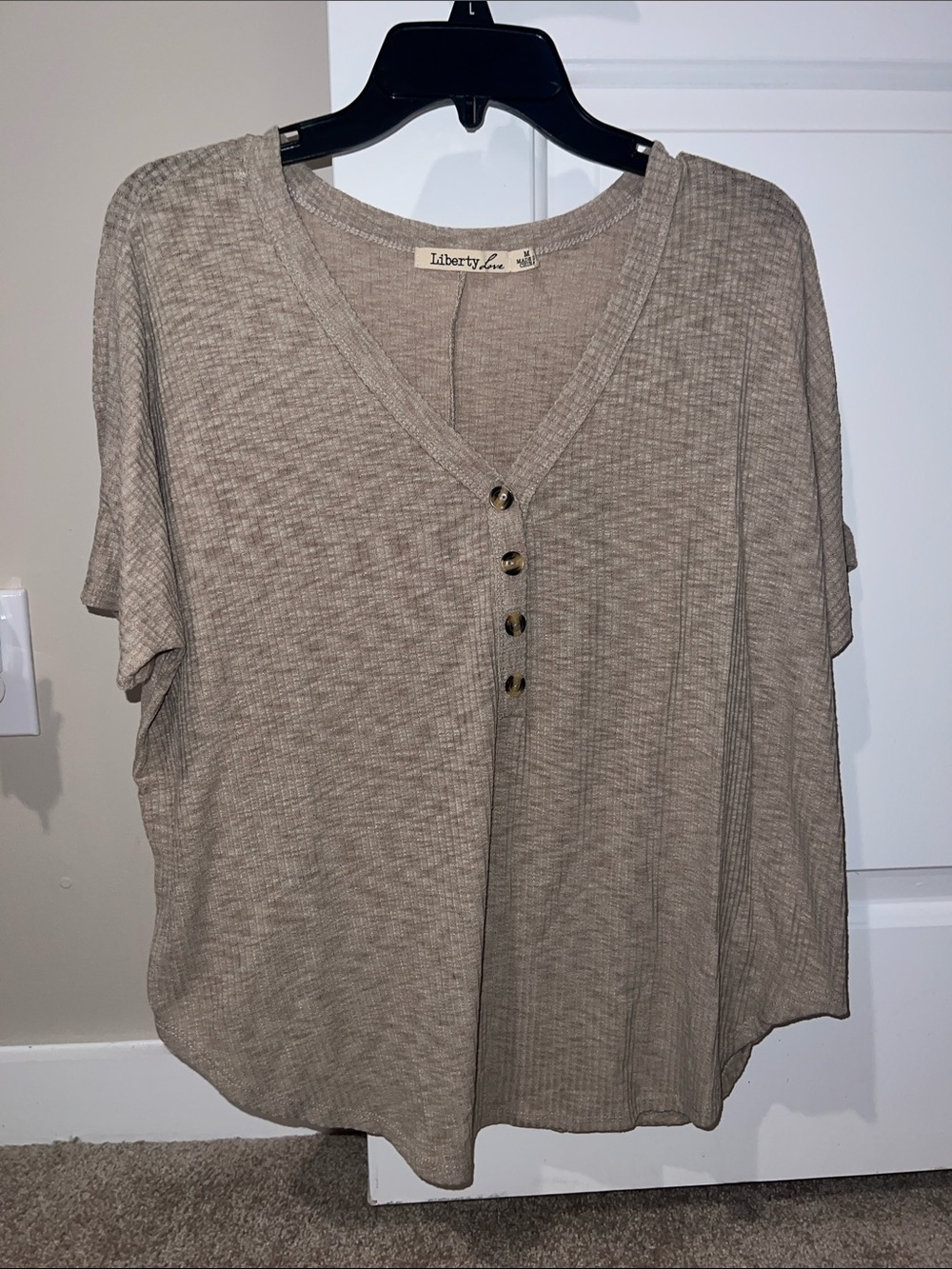 Liberty Love Taupe Short-Sleeve V-Neck Button Top
